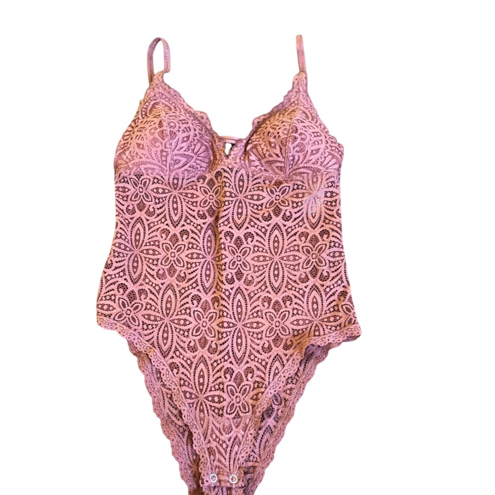 Gilly Hicks Dusty Rose Lace Bodysuit V-Neck Adjustable Straps Mauve Floral Small